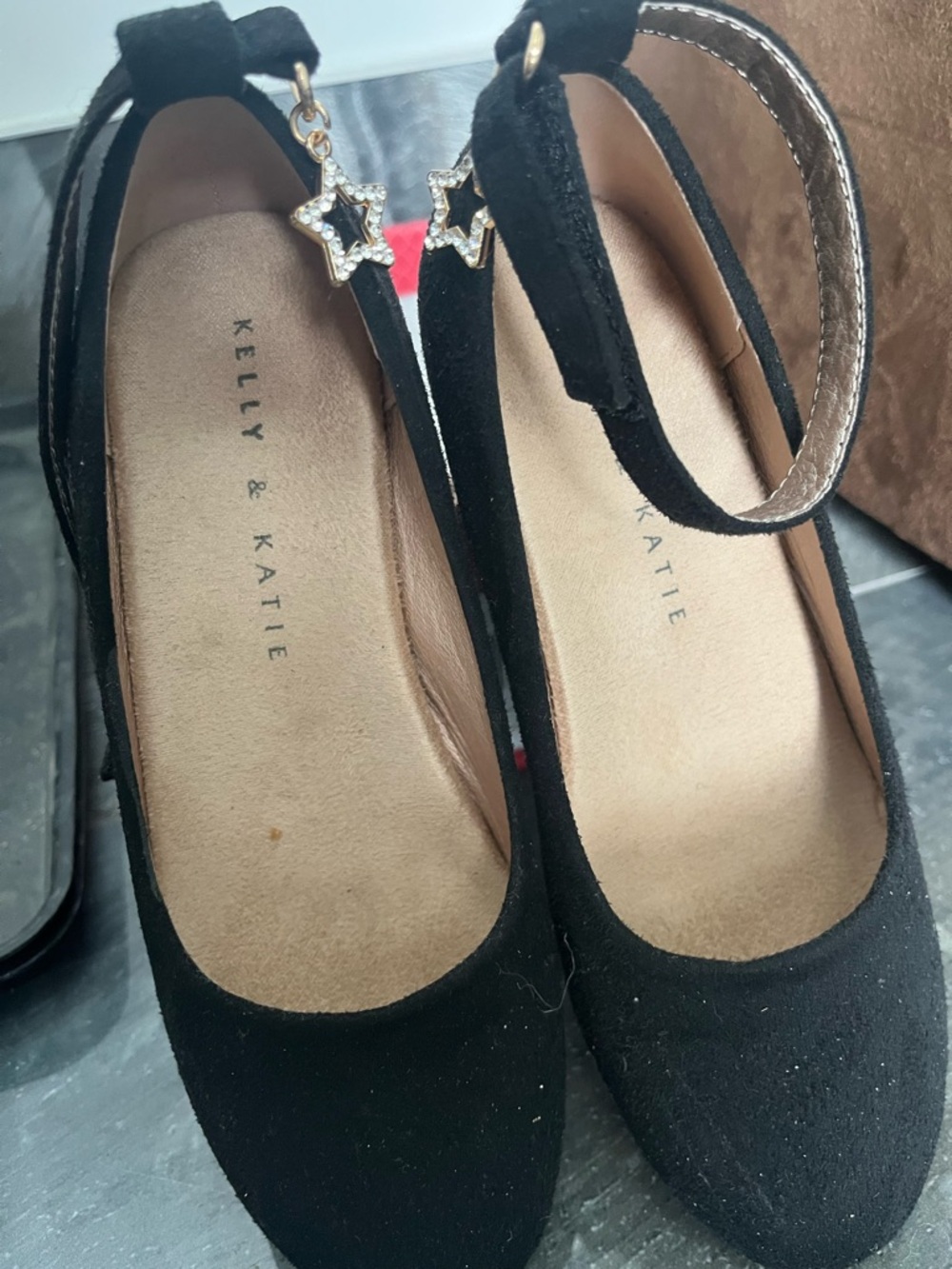 Kelly & Katie Black Suede Ankle-Strap Heels with Star Charms